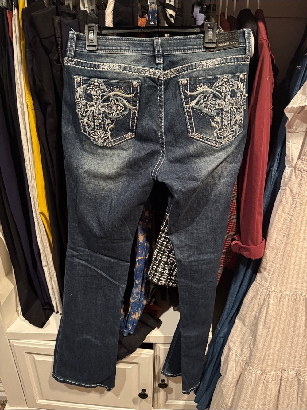 Grace Dark Blue Embroidered Pocket Bootcut Jeans